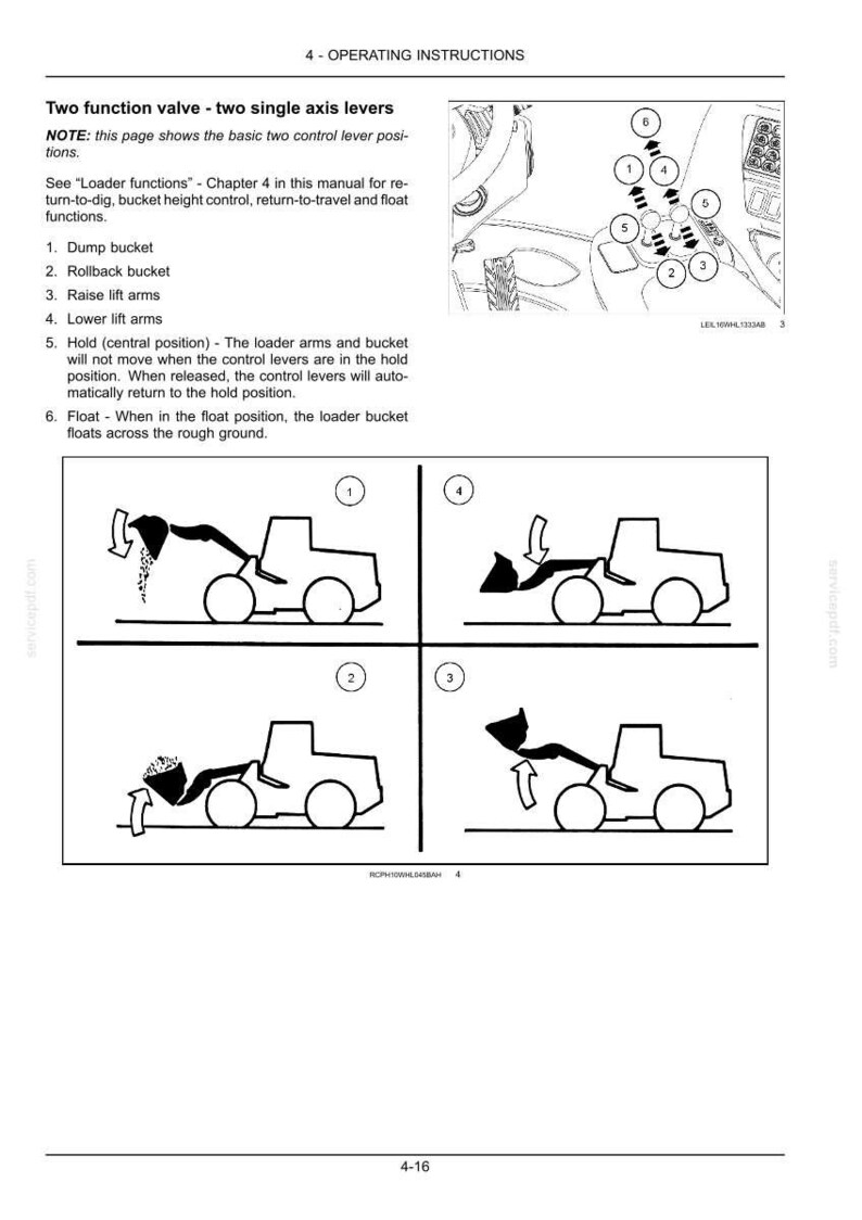 May include: Diagram illustrating the operating instructions for a two-function valve with two single-axis levers. The image shows a loader with numbered diagrams detailing bucket functions, including dumping, rollback, and lift arm operations.