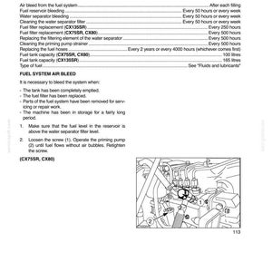 May include: Diagram showing fuel system service specifications, including air bleed, filter replacement, and fuel tank capacity. The image features a detailed illustration of the fuel system components and instructions.