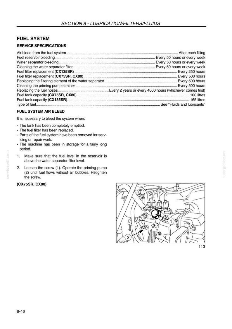May include: Diagram showing fuel system service specifications, including air bleed, filter replacement, and fuel tank capacity. The image features a detailed illustration of the fuel system components and instructions.
