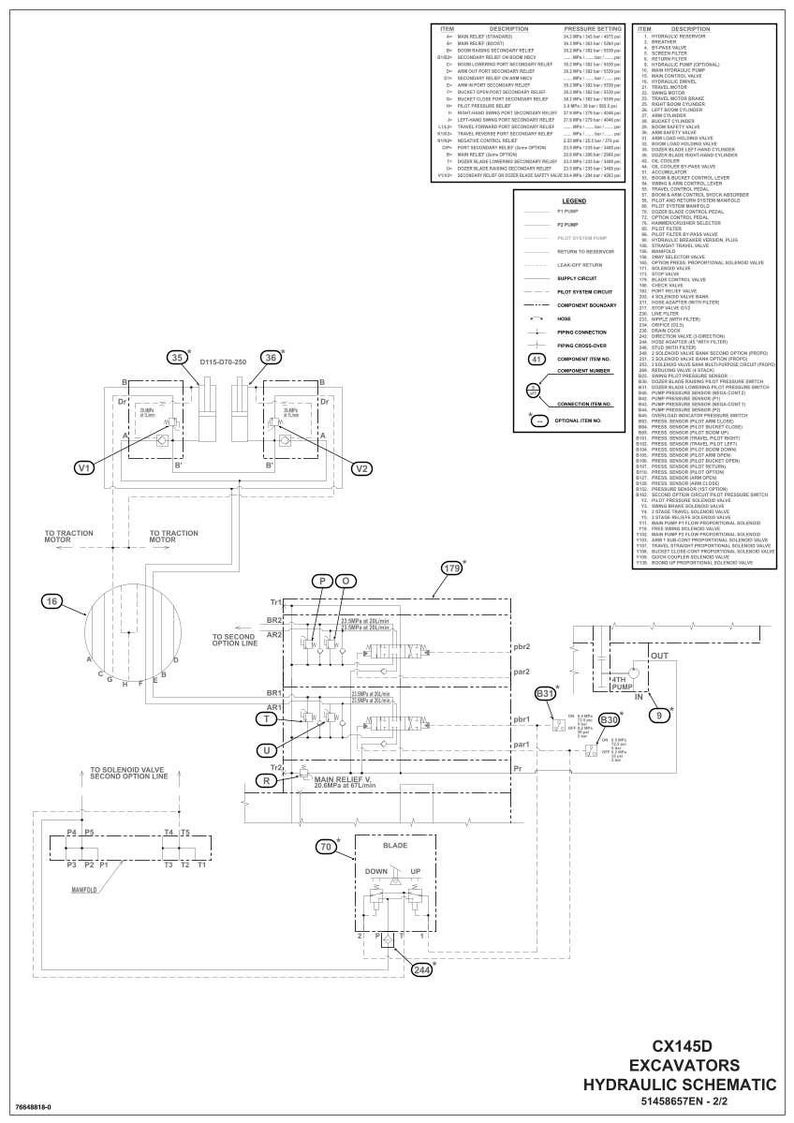 May include: A detailed hydraulic schematic for a CX145D excavator, featuring diagrams of various components, including pumps, valves, and motors. The diagram includes labels, pressure settings, and a legend for clarity. The text "HYDRAULIC SCHEMATIC" is visible.