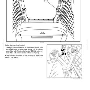 May include: Diagram of a skid steer loader's bucket curl/dump control system. The image shows the right-hand control lever (2) and its function. Text explains the lever's operation for dumping and curling the bucket.