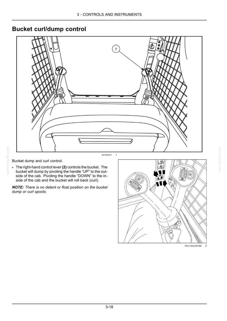 May include: Diagram of a skid steer loader's bucket curl/dump control system. The image shows the right-hand control lever (2) and its function. Text explains the lever's operation for dumping and curling the bucket.