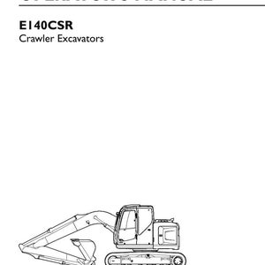 Pode incluir: Um manual do operador para a escavadora de lagartas E140CSR. A capa branca apresenta texto a preto, incluindo o t&iacute;tulo, o n&uacute;mero de pe&ccedil;a 47425573, 1.&ordf; edi&ccedil;&atilde;o, ingl&ecirc;s 08/12, um desenho de linha da escavadora, a marca CE e o log&oacute;tipo da New Holland Construction.