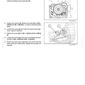 May include: Diagram of a Power Take-Off (PTO) clutch brake adjustment procedure. Includes illustrations of the brake band, setting screw assembly, locknut, and screw with torque specifications in lb ft.