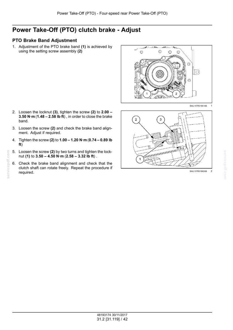 May include: Diagram of a Power Take-Off (PTO) clutch brake adjustment procedure. Includes illustrations of the brake band, setting screw assembly, locknut, and screw with torque specifications in lb ft.
