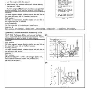May include: Safety information document with warnings and diagrams for a loader. Includes instructions on turning off the engine, parking brake, and removing the key. Also shows a loader arm rated lift capacity chart with diagrams and measurements.
