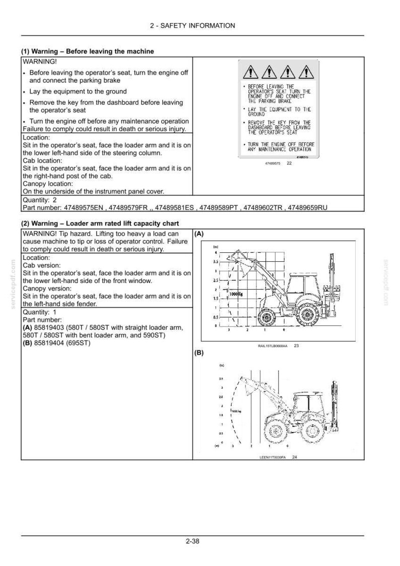 May include: Safety information document with warnings and diagrams for a loader. Includes instructions on turning off the engine, parking brake, and removing the key. Also shows a loader arm rated lift capacity chart with diagrams and measurements.