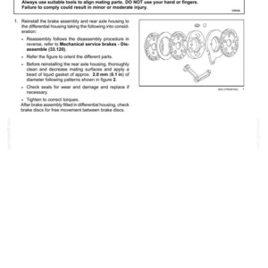 Puede incluir: Diagrama de montaje de frenos de servicio mec&aacute;nicos con instrucciones de texto. Incluye una advertencia sobre riesgos de pellizco e instrucciones para el montaje, la limpieza y la comprobaci&oacute;n de juntas. El diagrama muestra los componentes de los frenos.