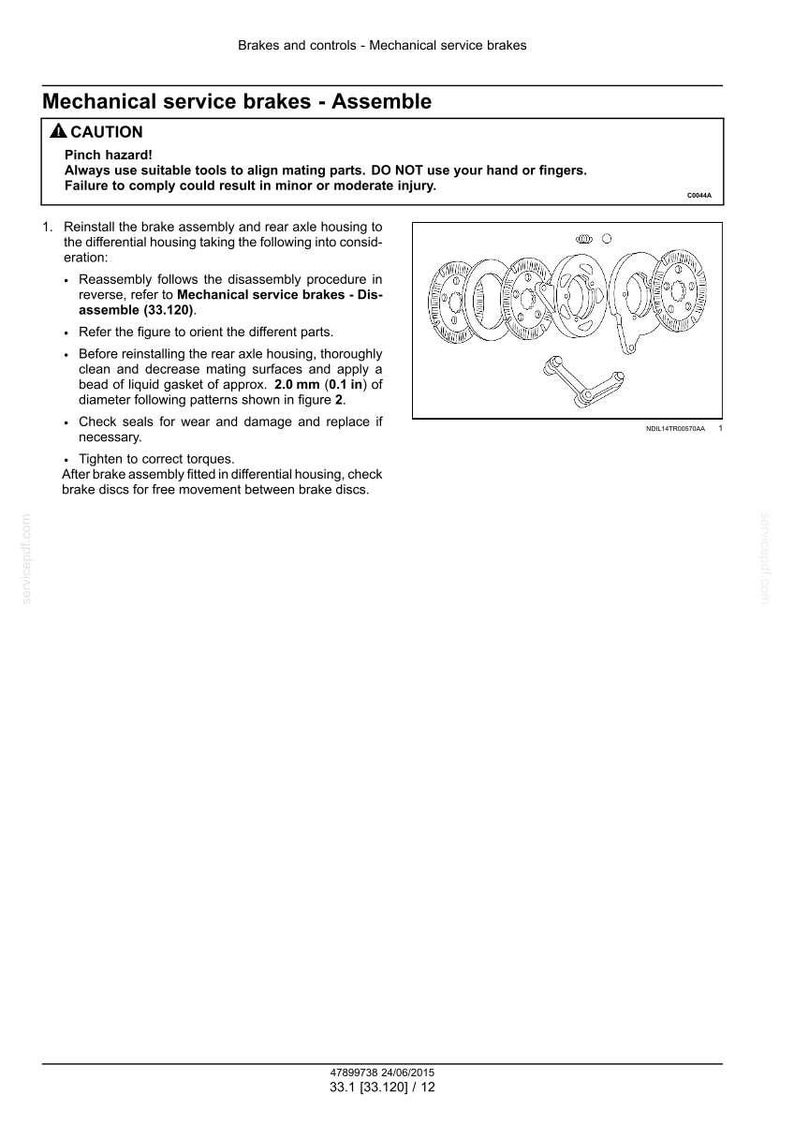 Puede incluir: Diagrama de montaje de frenos de servicio mec&aacute;nicos con instrucciones de texto. Incluye una advertencia sobre riesgos de pellizco e instrucciones para el montaje, la limpieza y la comprobaci&oacute;n de juntas. El diagrama muestra los componentes de los frenos.
