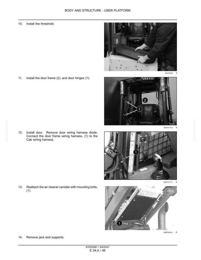 Puede incluir: Una p&aacute;gina de manual t&eacute;cnico titulada BODY AND STRUCTURE - USER PLATFORM con cuatro fotograf&iacute;as de instrucciones en blanco y negro. Las im&aacute;genes muestran los pasos para instalar un umbral, marco de puerta, bisagras, arn&eacute;s de cableado y filtro de aire.