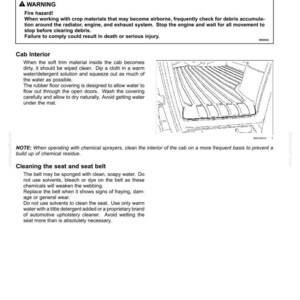 May include: A page from a maintenance manual titled 7-MAINTENANCE, featuring instructions for cleaning a tractor. It includes a fire hazard warning, guidelines for cleaning the cab interior, a line drawing of a floor mat, and seat belt care.