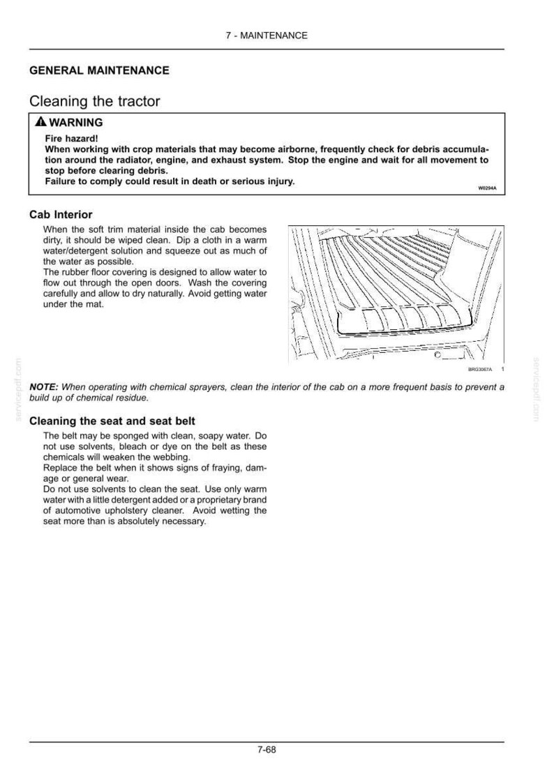 May include: A page from a maintenance manual titled 7-MAINTENANCE, featuring instructions for cleaning a tractor. It includes a fire hazard warning, guidelines for cleaning the cab interior, a line drawing of a floor mat, and seat belt care.
