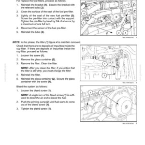 Puede incluir: Una p&aacute;gina de mantenimiento t&eacute;cnico titulada Fuel filters - Replace, que presenta tres dibujos lineales en blanco y negro de componentes del motor con etiquetas numeradas e instrucciones detalladas para reemplazar y purgar los filtros de combustible.