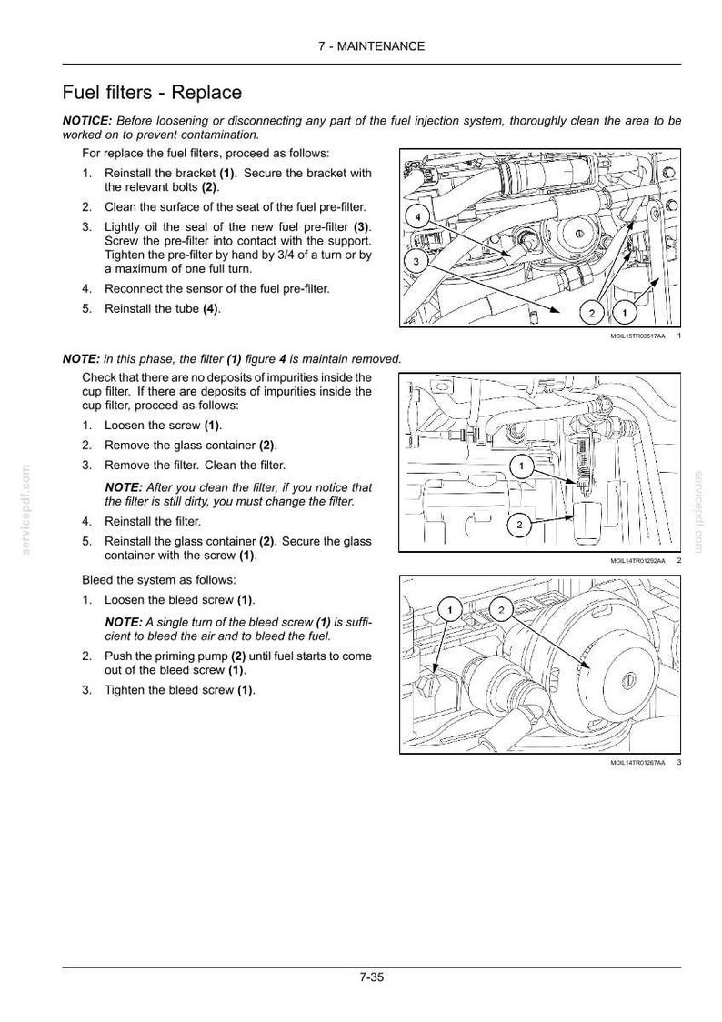 Puede incluir: Una p&aacute;gina de mantenimiento t&eacute;cnico titulada Fuel filters - Replace, que presenta tres dibujos lineales en blanco y negro de componentes del motor con etiquetas numeradas e instrucciones detalladas para reemplazar y purgar los filtros de combustible.
