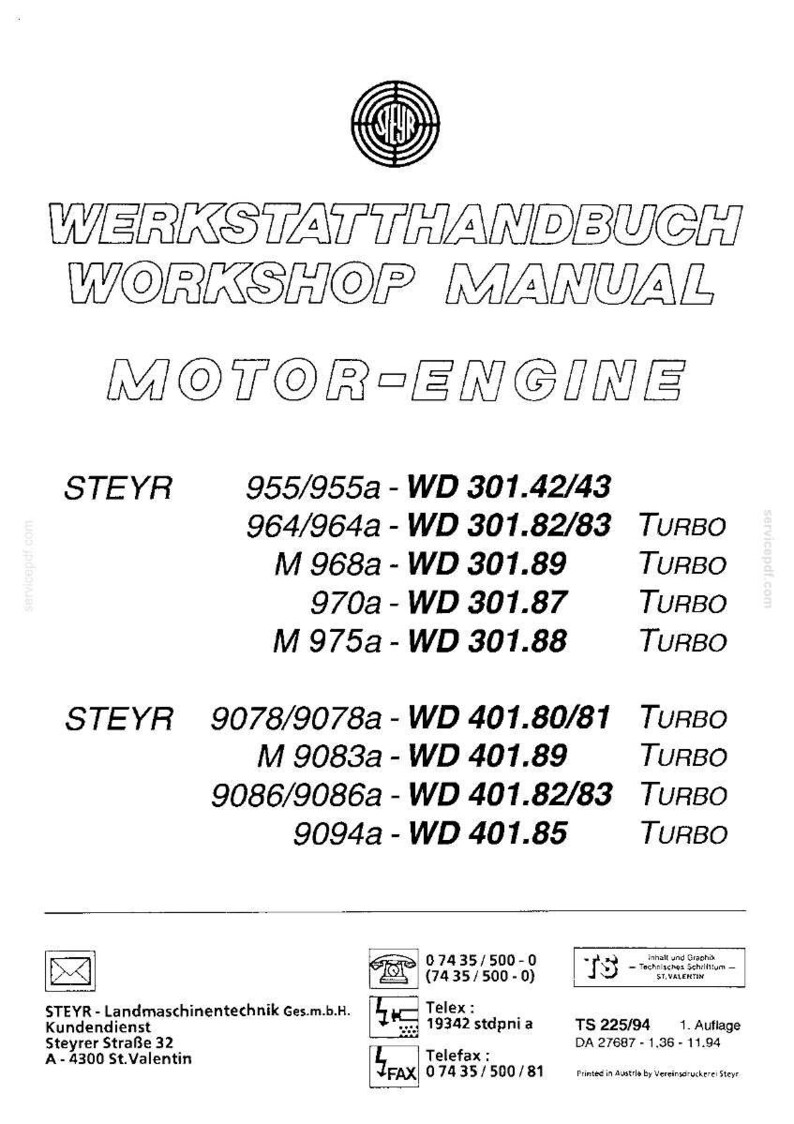 K&ouml;nnte beinhalten: Ein wei&szlig;es Werkstatthandbuch mit schwarzem Text, betitelt "WERKSTATTHANDBUCH WORKSHOP MANUAL MOTOR-ENGINE". Das Handbuch listet Motormodelle von STEYR auf, darunter 955/955a, 964/964a, M 968a, 970a, M 975a, 9078/9078a, M 9083a, 9086/9086a und 9094a.