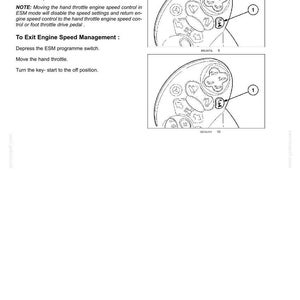 May include: A technical manual page titled 6 - WORKING OPERATIONS featuring text instructions and two line-art diagrams of a control panel. The diagrams highlight a specific switch labeled 1, illustrating how to manage engine speed settings.