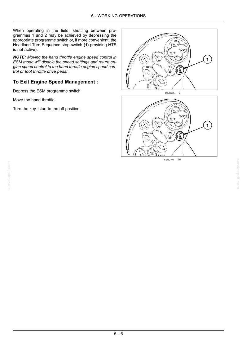 May include: A technical manual page titled 6 - WORKING OPERATIONS featuring text instructions and two line-art diagrams of a control panel. The diagrams highlight a specific switch labeled 1, illustrating how to manage engine speed settings.