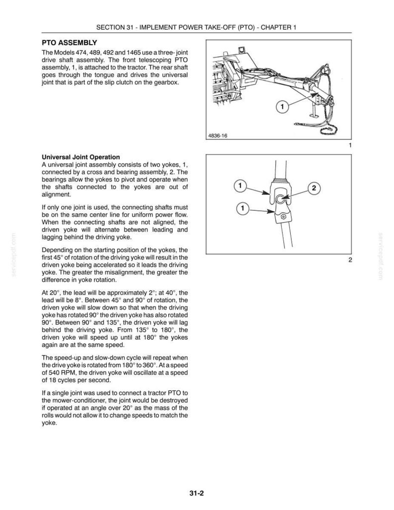 May include: A technical document page titled SECTION 31 - IMPLEMENT POWER TAKE-OFF (PTO) - CHAPTER 1. It includes text describing PTO assembly and universal joint operation, alongside two black and white diagrams labeled 1 and 2.