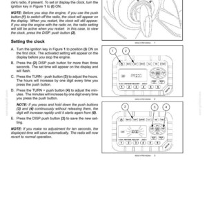 Puede incluir: Una p&aacute;gina de manual t&eacute;cnico titulada 3-CONTROLS AND INSTRUMENTS que detalla los procedimientos de ajuste del reloj. Incluye un dibujo lineal de una llave de encendido y dos diagramas de una interfaz de radio de veh&iacute;culo con botones.