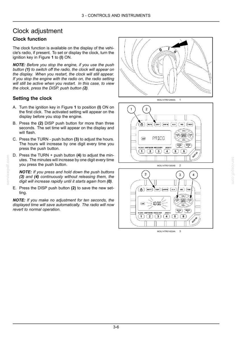 Puede incluir: Una p&aacute;gina de manual t&eacute;cnico titulada 3-CONTROLS AND INSTRUMENTS que detalla los procedimientos de ajuste del reloj. Incluye un dibujo lineal de una llave de encendido y dos diagramas de una interfaz de radio de veh&iacute;culo con botones.