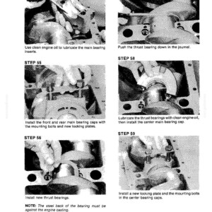 May include: A technical diagram with six steps for engine repair. The steps include lubricating bearings, installing caps, and fitting plates. Text instructions accompany each step, with notes on bearing placement. The diagram is printed in the USA.