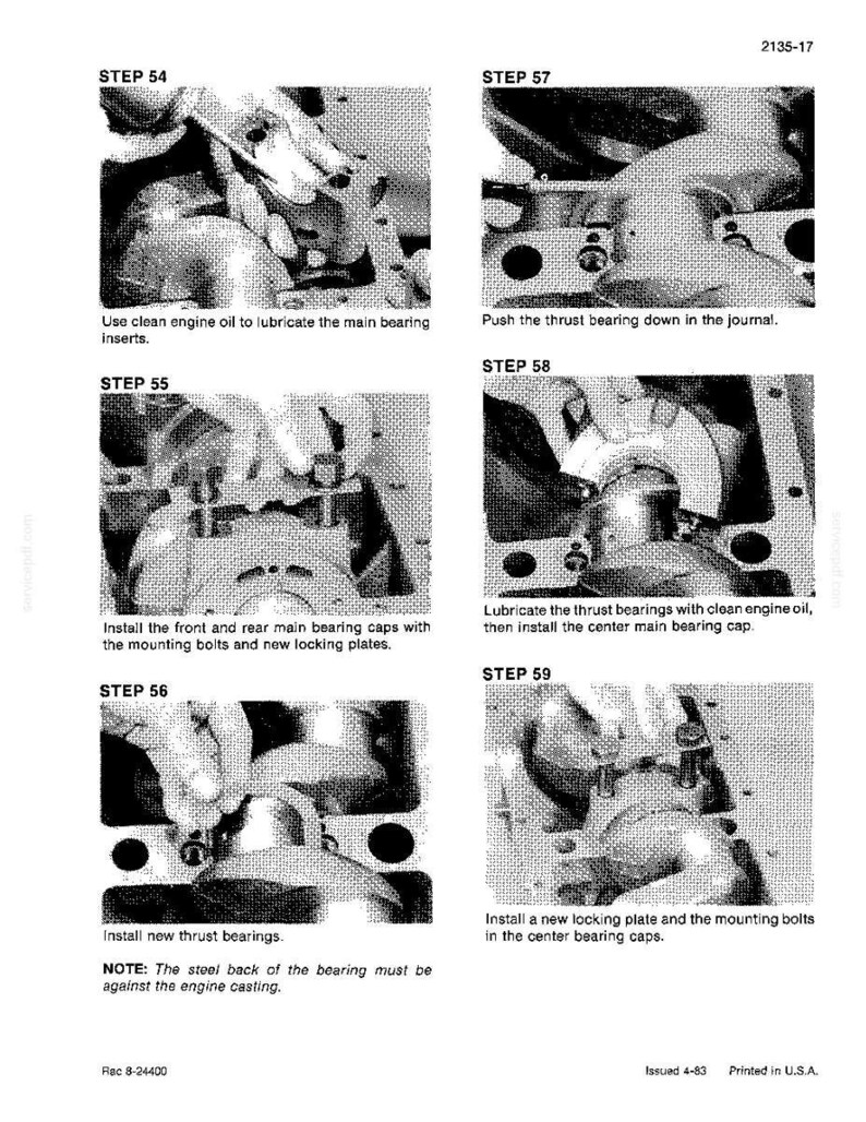 May include: A technical diagram with six steps for engine repair. The steps include lubricating bearings, installing caps, and fitting plates. Text instructions accompany each step, with notes on bearing placement. The diagram is printed in the USA.