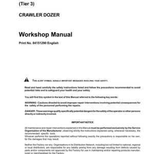 May include: A workshop manual for a crawler dozer, with the text "D180 (Tier 3)" at the top. The manual includes safety warnings and important notices. Print No. 84151290 English.