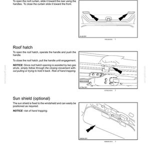 May include: Diagram of a car's overhead controls, including the roof curtain, roof hatch, and sun shield. Instructions are provided for operating each feature, with arrows indicating the direction of movement. The image is a black and white technical illustration.