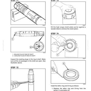 May include: Diagram of the assembly of the range transmission input shaft. The image shows various steps, including installing sealing plugs, snap rings, and teflon rings. Text includes "Assembly of the Range Transmission Input Shaft" and step numbers.