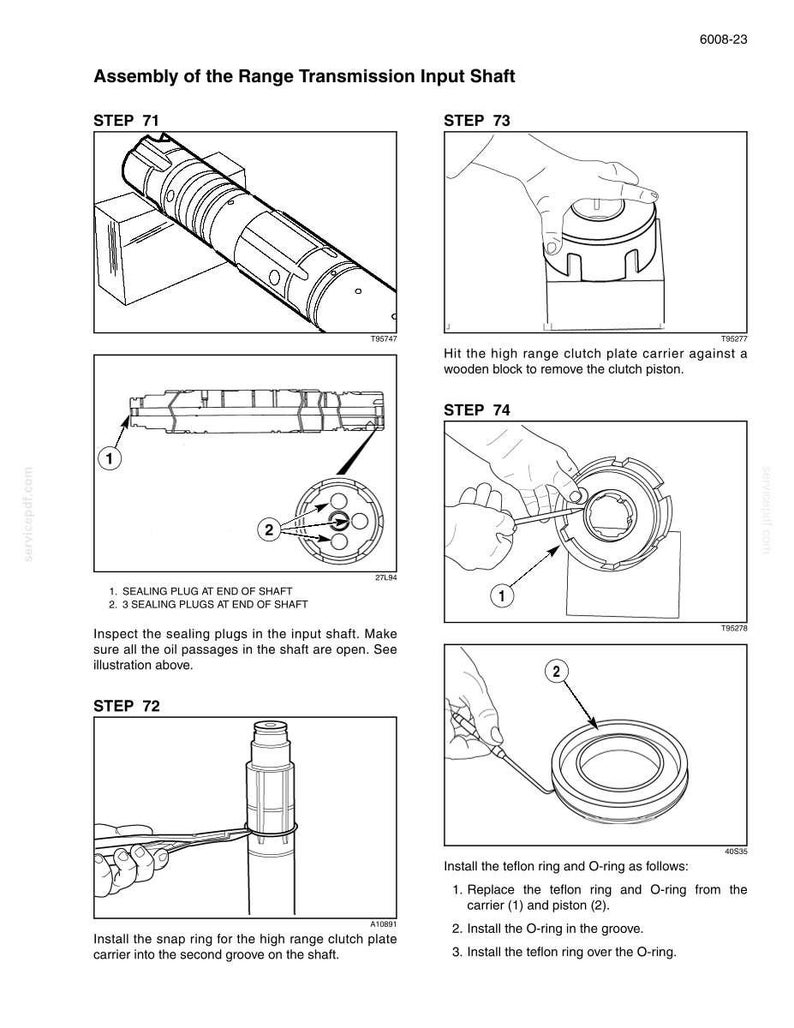 May include: Diagram of the assembly of the range transmission input shaft. The image shows various steps, including installing sealing plugs, snap rings, and teflon rings. Text includes "Assembly of the Range Transmission Input Shaft" and step numbers.