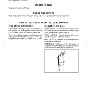 May include: Page from a manual detailing vehicle maintenance. Text includes instructions for the cab headliner, doors, hoses, wiring, and fire extinguisher mounting. A diagram of a fire extinguisher is also shown.