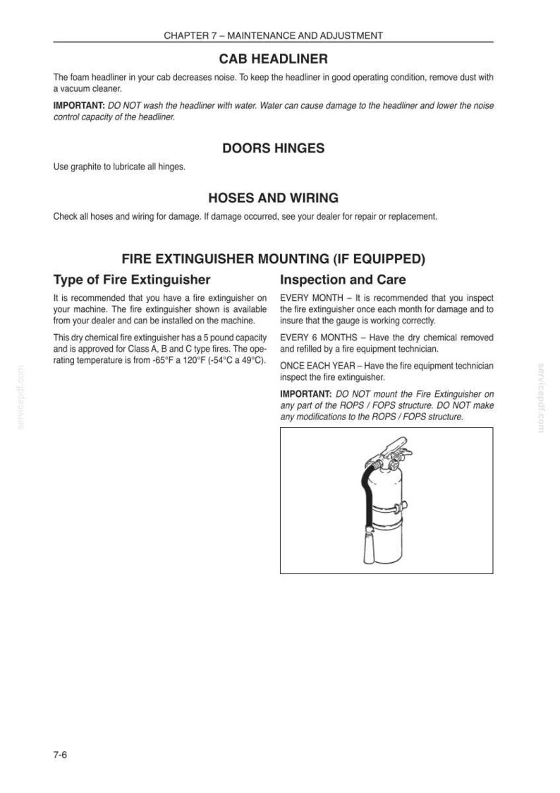 May include: Page from a manual detailing vehicle maintenance. Text includes instructions for the cab headliner, doors, hoses, wiring, and fire extinguisher mounting. A diagram of a fire extinguisher is also shown.
