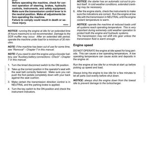 May include: A technical document page titled 4-OPERATING INSTRUCTIONS, detailing procedures for starting an engine. It includes a warning box regarding equipment failure, numbered steps for engine operation, and notices about engine speed and idle time.