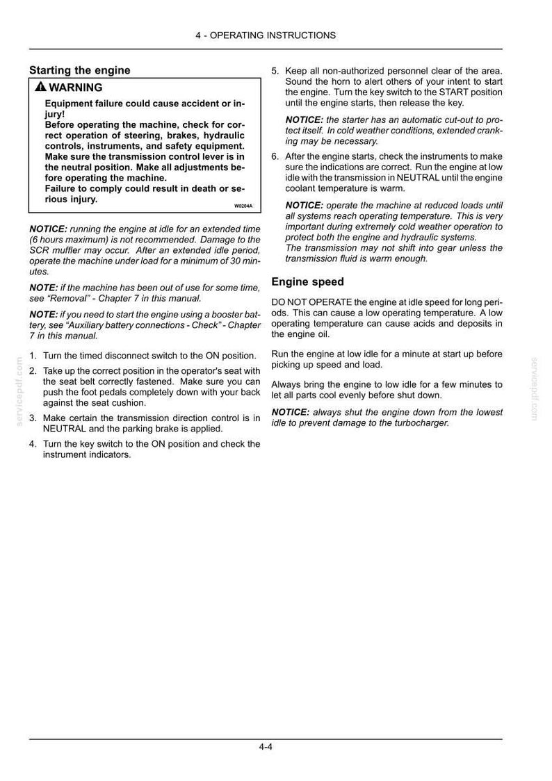 May include: A technical document page titled 4-OPERATING INSTRUCTIONS, detailing procedures for starting an engine. It includes a warning box regarding equipment failure, numbered steps for engine operation, and notices about engine speed and idle time.