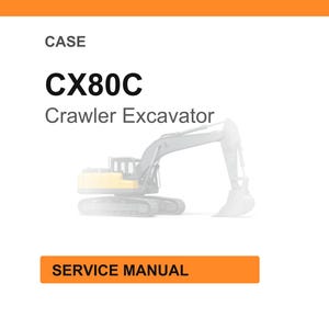 May include: A white background with the word "CASE" at the top. Below, the text "CX80C Crawler Excavator" is displayed in black. An illustration of a crawler excavator is in the center. The words "SERVICE MANUAL" are in an orange rectangle.
