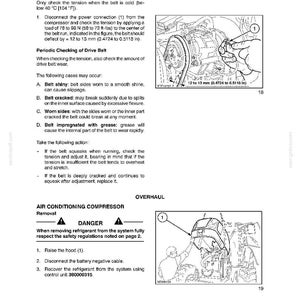 May include: Diagram from a manual detailing the cab air conditioning system, including tension adjustment and periodic checking of the drive belt. The image shows a close-up of a belt and pulley system, with measurements in inches.