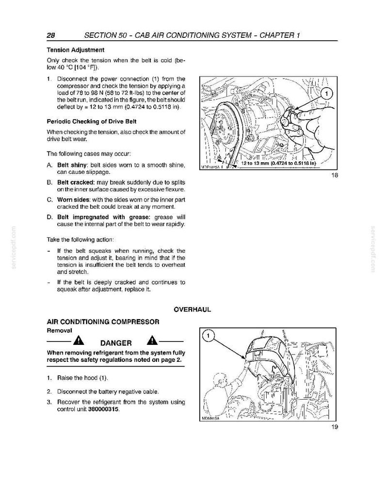 May include: Diagram from a manual detailing the cab air conditioning system, including tension adjustment and periodic checking of the drive belt. The image shows a close-up of a belt and pulley system, with measurements in inches.