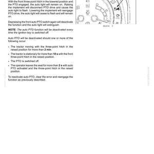 May include: A technical manual page titled 6-WORKING OPERATIONS detailing tractor PTO functions. It includes text instructions and a black and white line drawing of an instrument panel with a numbered indicator pointing to a tractor icon.