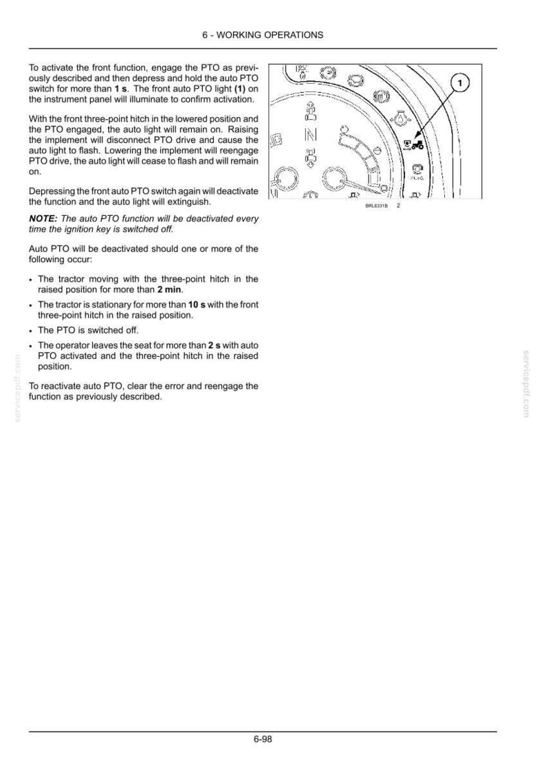 May include: A technical manual page titled 6-WORKING OPERATIONS detailing tractor PTO functions. It includes text instructions and a black and white line drawing of an instrument panel with a numbered indicator pointing to a tractor icon.