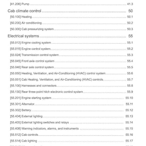 May include: A page from a manual with a table of contents. The headings include Steering, Cab climate control, and Electrical systems. Subsections are listed with page numbers.