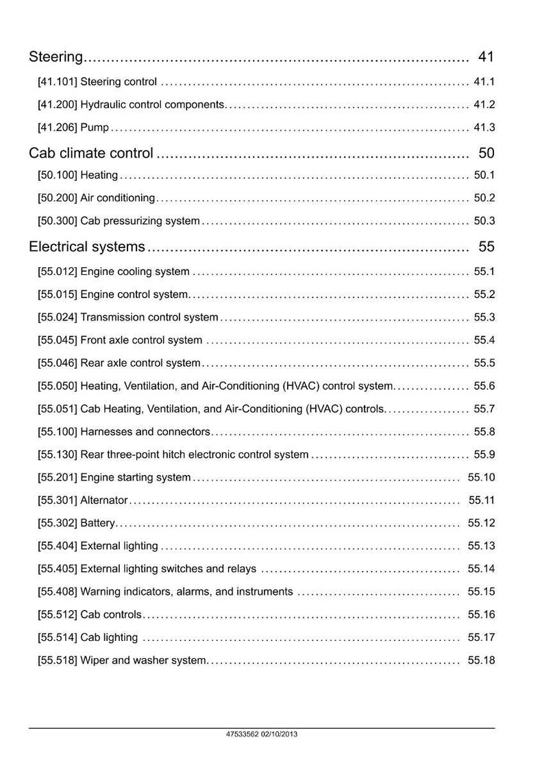 May include: A page from a manual with a table of contents. The headings include Steering, Cab climate control, and Electrical systems. Subsections are listed with page numbers.