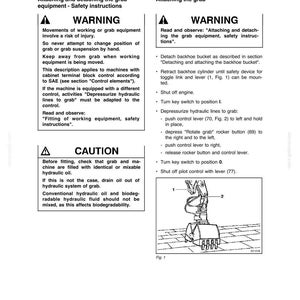 May include: Technical handbook page with instructions for attaching and detaching grab equipment. Includes warnings about injury risks and safety precautions. Features a diagram of the equipment with numbered parts and a caution about hydraulic oil.