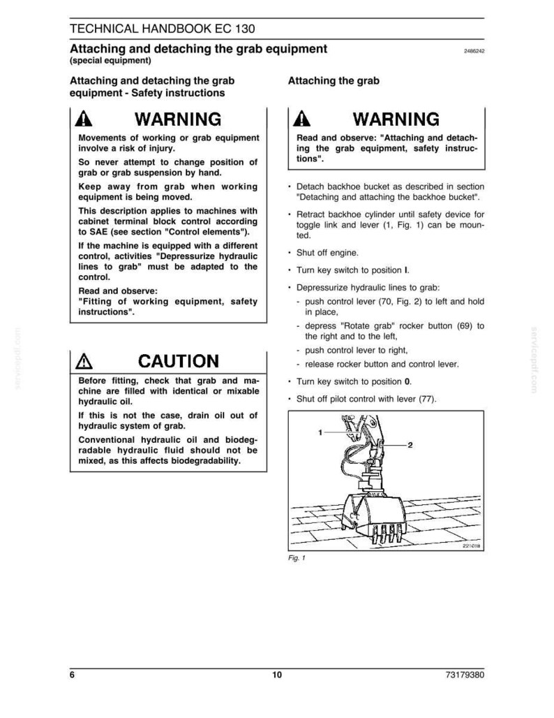 May include: Technical handbook page with instructions for attaching and detaching grab equipment. Includes warnings about injury risks and safety precautions. Features a diagram of the equipment with numbered parts and a caution about hydraulic oil.