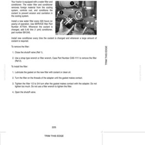 May include: A technical manual page titled Coolant Filter and Conditioner, featuring a black and white photograph of a tractor engine component. The text provides instructions for removing and installing a water filter, including part number A77544.