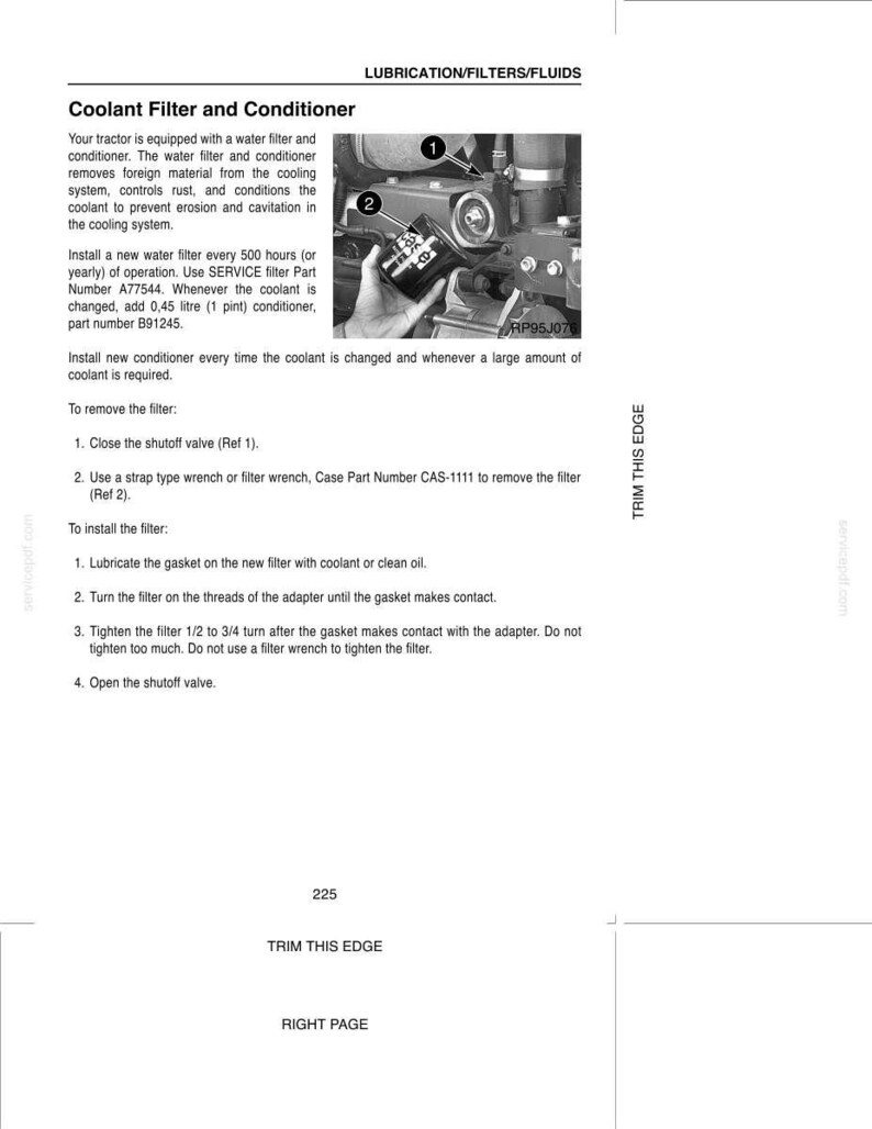 May include: A technical manual page titled Coolant Filter and Conditioner, featuring a black and white photograph of a tractor engine component. The text provides instructions for removing and installing a water filter, including part number A77544.