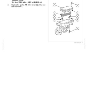 Op de afbeelding: Technische tekening van de installatie van een motoroliekoelerelement. Bevat genummerde onderdelen en instructies, met aanhaalmoment in Newtonmeters en lb-in. Gedetailleerde mechanische illustratie.