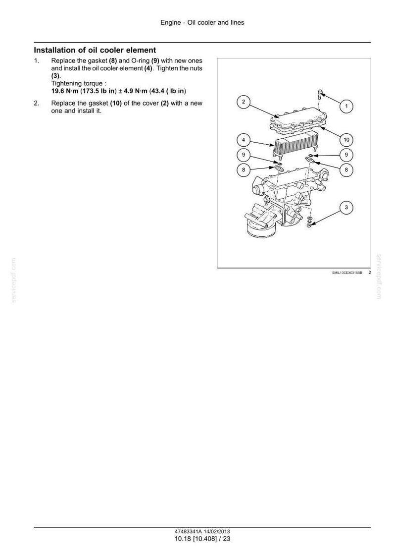 Op de afbeelding: Technische tekening van de installatie van een motoroliekoelerelement. Bevat genummerde onderdelen en instructies, met aanhaalmoment in Newtonmeters en lb-in. Gedetailleerde mechanische illustratie.