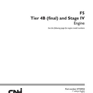 May include: A white service manual with black text. The title "SERVICE MANUAL" is at the top. Below, it reads "F5 Tier 4B (final) and Stage IV Engine." The CNH Industrial logo is at the bottom.