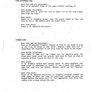 May include: A black and white document with text detailing functional adjustments for TF/TX series farm equipment. The document includes instructions for reel adjustments, including reel fore and aft, height, speed, and tine pitch.