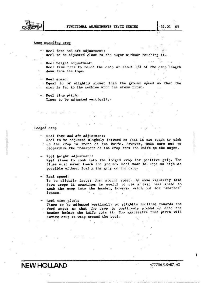 May include: A black and white document with text detailing functional adjustments for TF/TX series farm equipment. The document includes instructions for reel adjustments, including reel fore and aft, height, speed, and tine pitch.